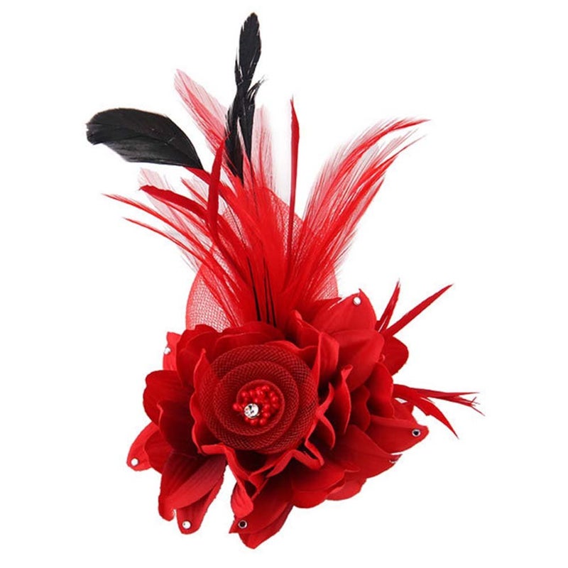 ACTLATI Charming Mesh Feather Hair Clip Women Girls Hairpin Cocktail Party Flower Barrette Fascinator Hat, Red, One Size - Image 1