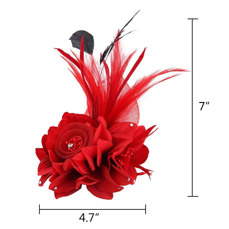 ACTLATI Charming Mesh Feather Hair Clip Women Girls Hairpin Cocktail Party Flower Barrette Fascinator Hat, Red, One Size - Image 2