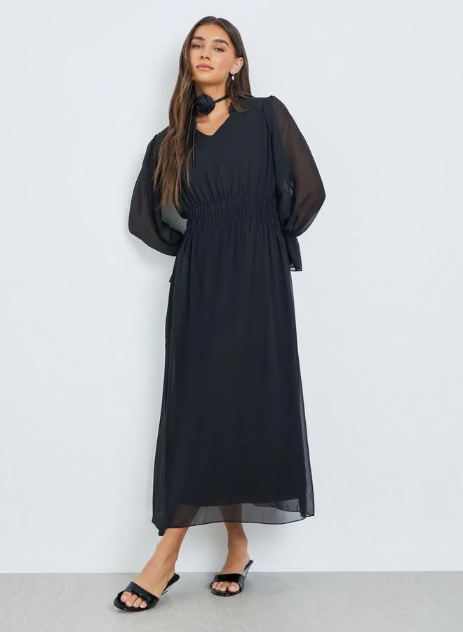 Styli Black Chiffon Floral Neck Tie Maxi Dress