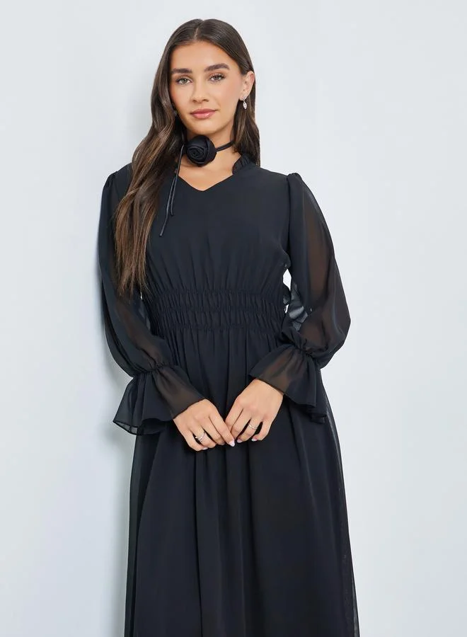 Styli Black Chiffon Floral Neck Tie Maxi Dress