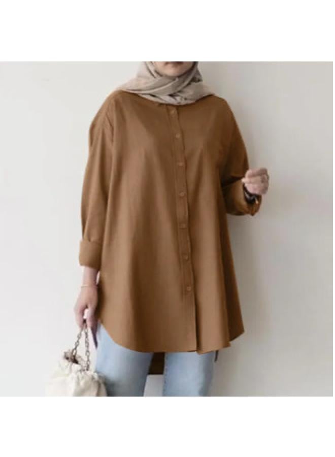 VUELO Muslim Women's Plus Size Casual Simple Button-down Shirt Loose Solid Color Long Sleeve Shirt - Image 3
