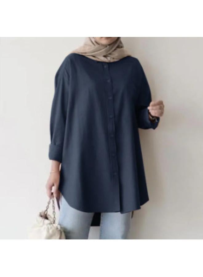 VUELO Muslim Women's Plus Size Casual Simple Button-down Shirt Loose Solid Color Long Sleeve Shirt - Image 2