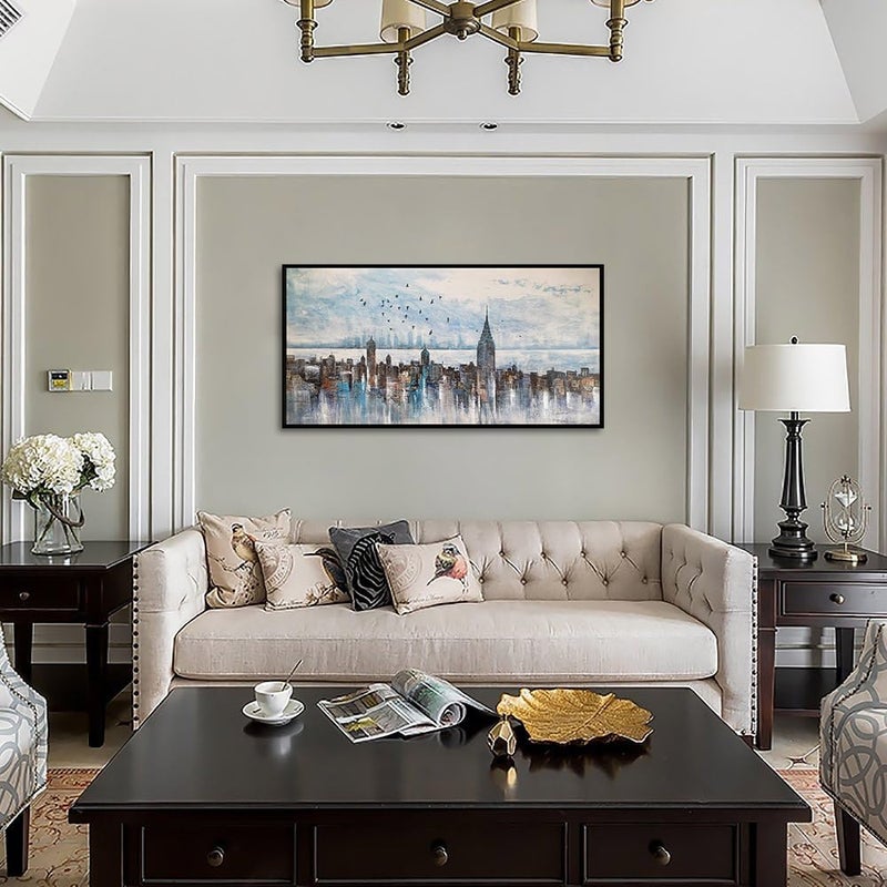 Arjun Cityscape Wall Art New York City Buildings Picture Modern Abstract Grey Skyline Birds NYC Painting Artwork for Bedroom Living Room Bathroom Home Office Decor, Large Size Black Framed 40"x20" - Image 3