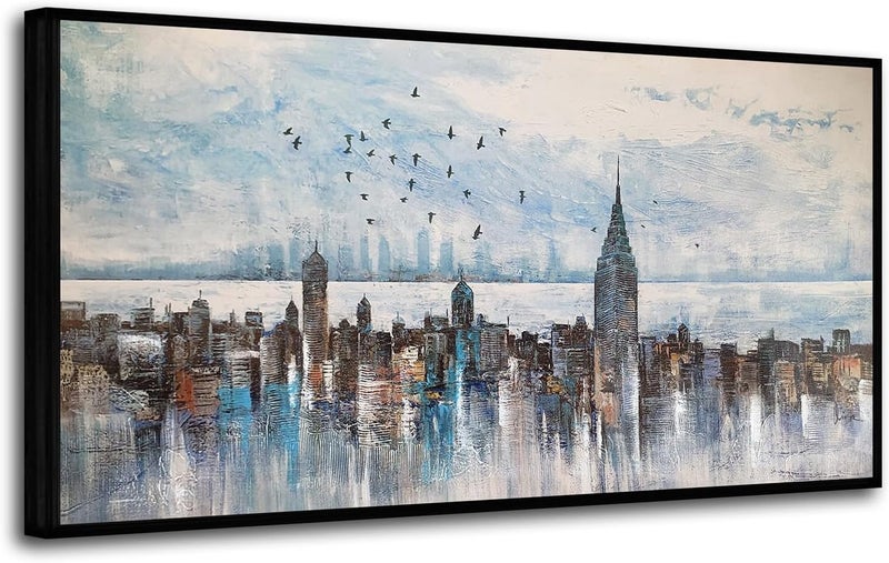 Arjun Cityscape Wall Art New York City Buildings Picture Modern Abstract Grey Skyline Birds NYC Painting Artwork for Bedroom Living Room Bathroom Home Office Decor, Large Size Black Framed 40"x20" - Image 2