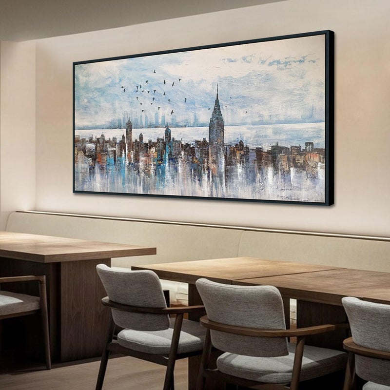 Arjun Cityscape Wall Art New York City Buildings Picture Modern Abstract Grey Skyline Birds NYC Painting Artwork for Bedroom Living Room Bathroom Home Office Decor, Large Size Black Framed 40"x20" - Image 1