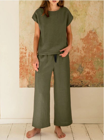 Spot Foreign Trade Womens New Cotton and Linen Round Neck Short-sleeved Shirt Pocket Drawstring Elastic Waist Wide Leg Pants Pants Set CHECOLATE - Image 3