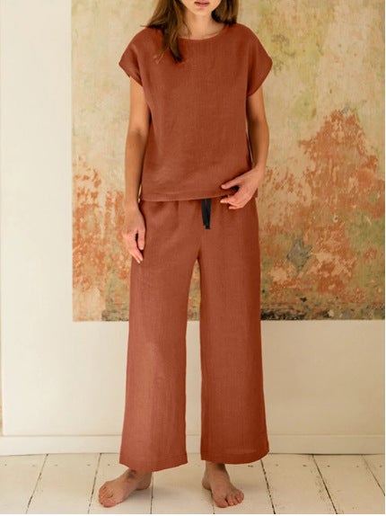 Spot Foreign Trade Womens New Cotton and Linen Round Neck Short-sleeved Shirt Pocket Drawstring Elastic Waist Wide Leg Pants Pants Set CHECOLATE - Image 1
