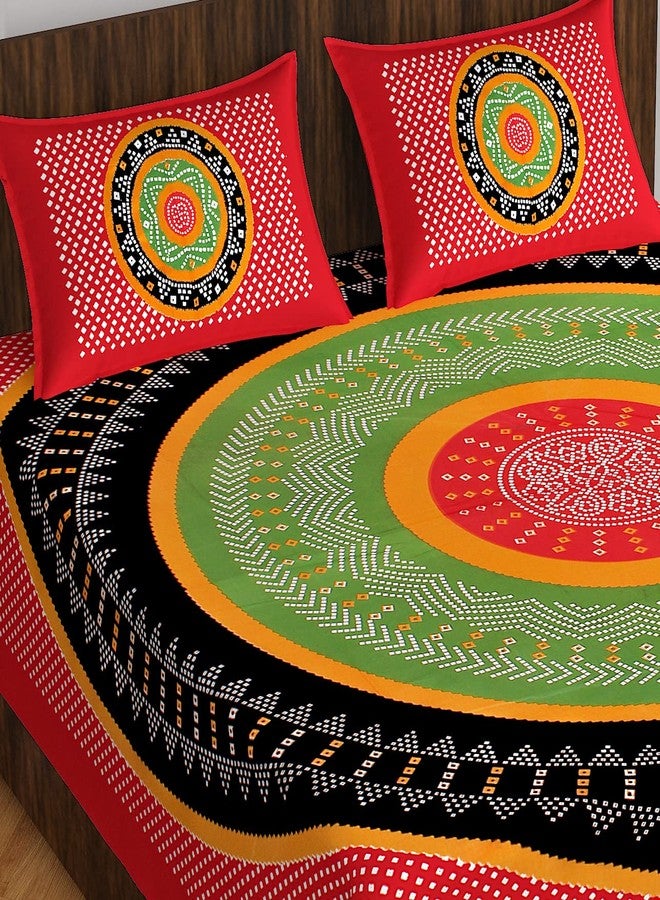 BedZone Cotton Rajasthani Jaipuri Traditional Floral Double Bed Bedsheet with 2 Pillow Covers (Red) - Image 1