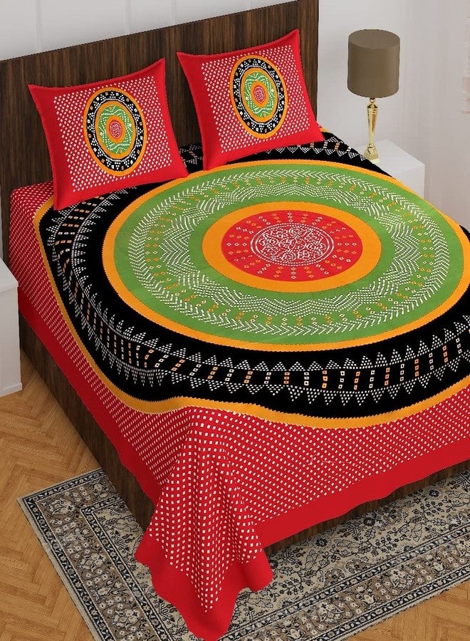 BedZone Cotton Rajasthani Jaipuri Traditional Floral Double Bed Bedsheet with 2 Pillow Covers (Red) - Image 2