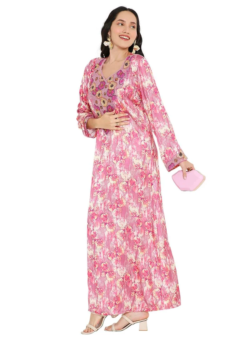 هانا آند سارا UNIQUE FLORAL BEADED WITH CREATIVE PRINT DESIGN ARABIC KAFTAN JALABIYA DRESSES