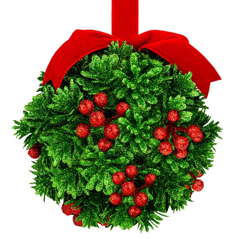 5 Glitter Mistletoe Kissing Ball Christmas Ornament Hanging Mistletoe Decoration for Doorway Kiss Mistletoe Ornament Christmas Mistletoe Ball with Red Berries Friendship Holiday Decoration