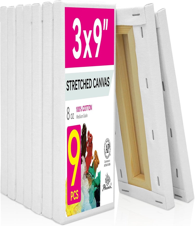 Phoenix Skinny Stretched Canvas for Painting 3x9 Inch/9 Value Pack, 8 Oz Triple Primed, 5/8 Inch Profile, 100% Cotton White Blank Canvas, Rectangular Framed Canvas for Oil Acrylic & Pouring Art - Image 1
