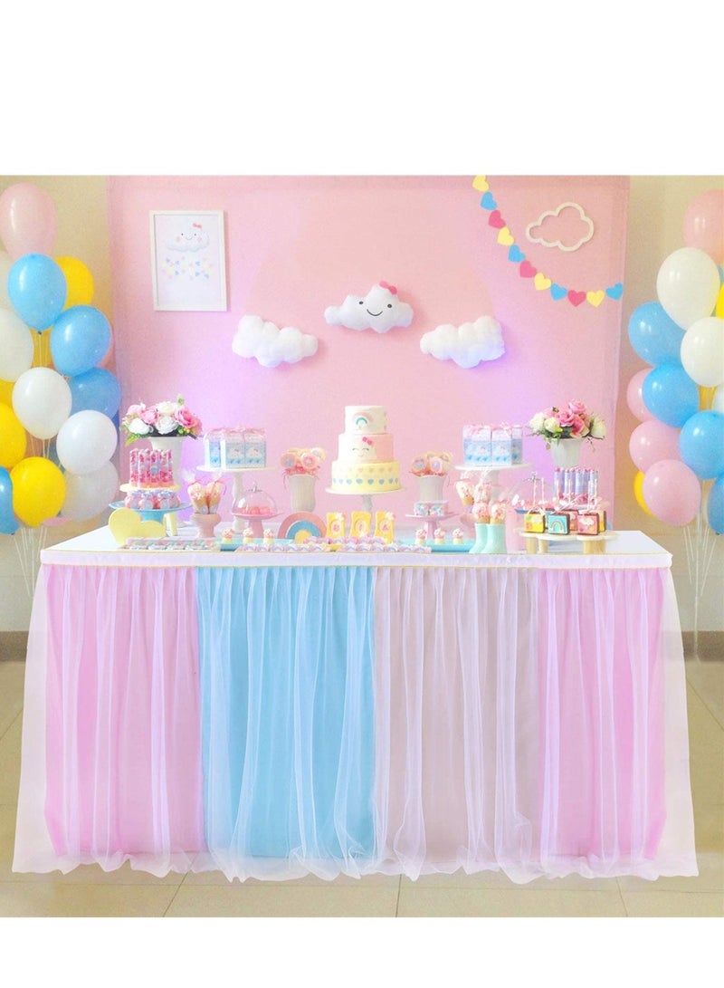 Excefore Rainbow Table Skirt, Baby Shower Multicolor Tulle Table Skirting Cover with Gold Brim for Round Rectangle Tables, Ideal for Wedding, Party and Festive Decoration L6ft, H30In - Image 1