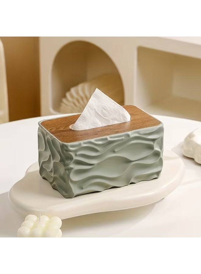 Decorative 3D-Design Tissue Box with Wooden Lid – Stylish Tissue Holder for Home and Office – Suitable for Living Room, Bathroom, and Bedroom (Mint Green) - Image 1