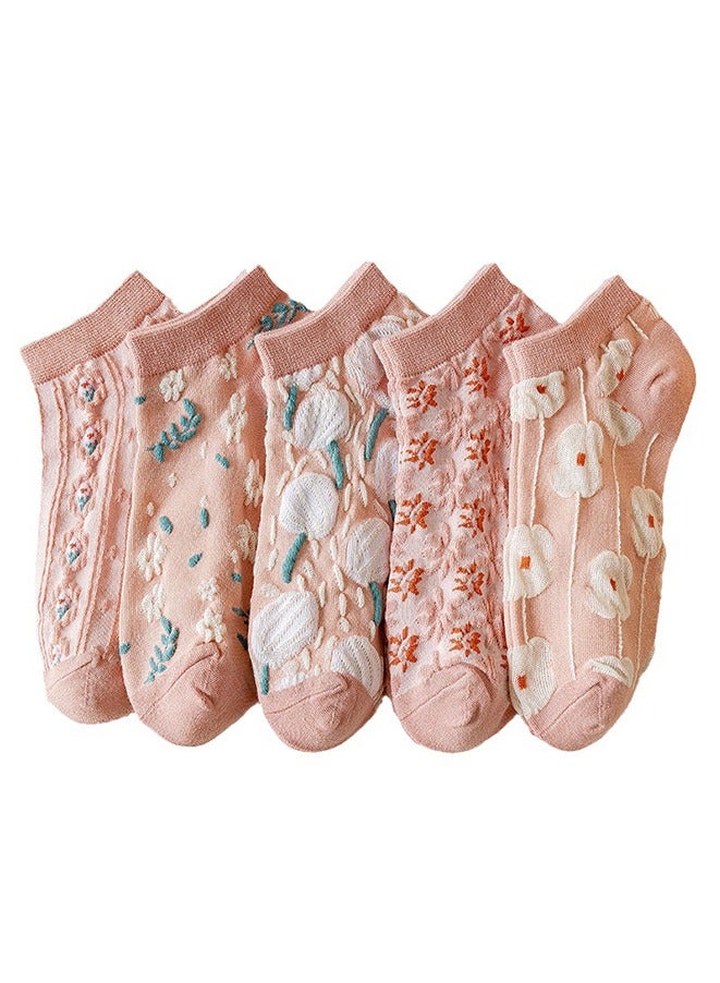 5 أزواج من الجوارب القطنية النسائية ذات النقوش الزهرية الوردية من دوبامين جوارب كاحل كاجوال للحياة اليومية - Image 1