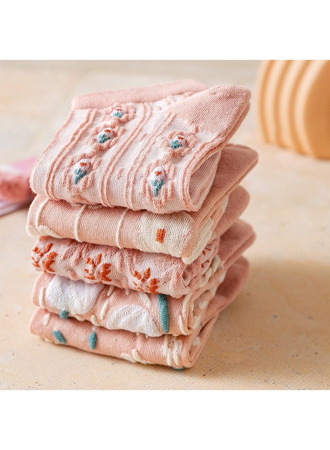 5 أزواج من الجوارب القطنية النسائية ذات النقوش الزهرية الوردية من دوبامين جوارب كاحل كاجوال للحياة اليومية - Image 2