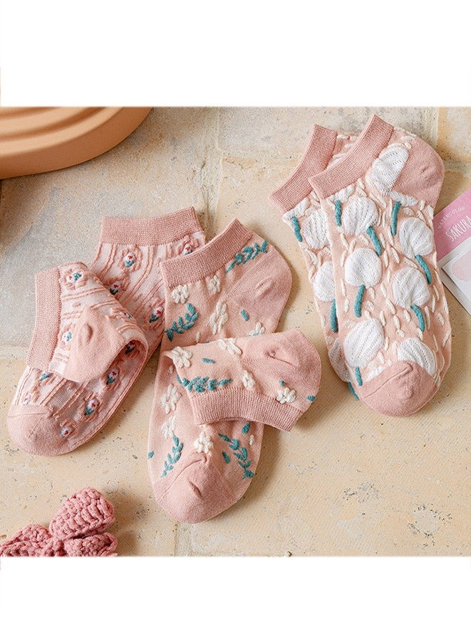 5 أزواج من الجوارب القطنية النسائية ذات النقوش الزهرية الوردية من دوبامين جوارب كاحل كاجوال للحياة اليومية - Image 4