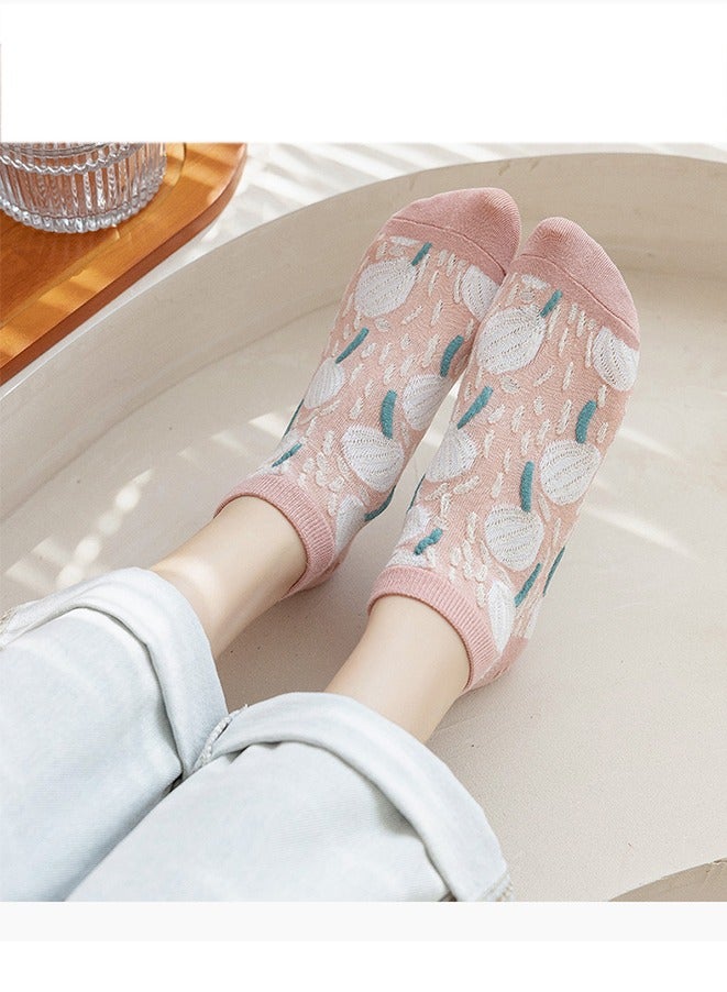 5 أزواج من الجوارب القطنية النسائية ذات النقوش الزهرية الوردية من دوبامين جوارب كاحل كاجوال للحياة اليومية - Image 5