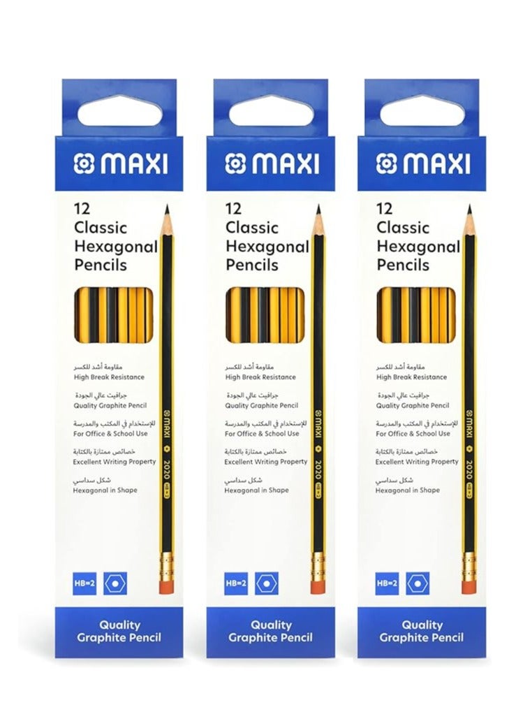 Maxi Classic Hexagonal Graphite Pencil HB With Rubber tip 12Pcs X 3Box (36pcs), Premium quality pencils for writing, drawing, and sketching on paper, ideal for School, Office, and Home - Image 1