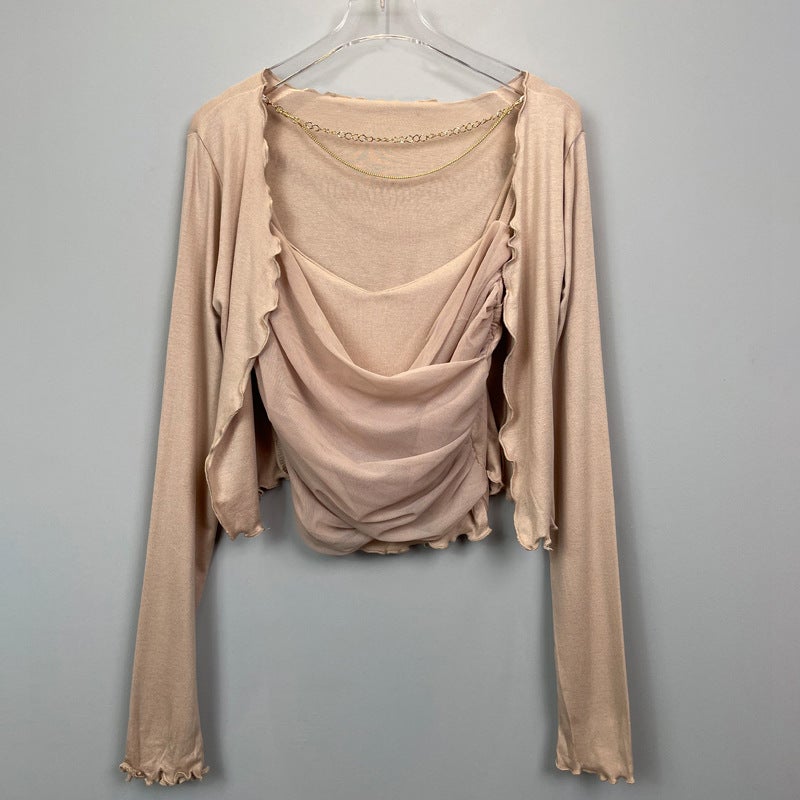 Korean Dongdaemun Chic Tight Cami Cardigan Set Beige  - Image 1
