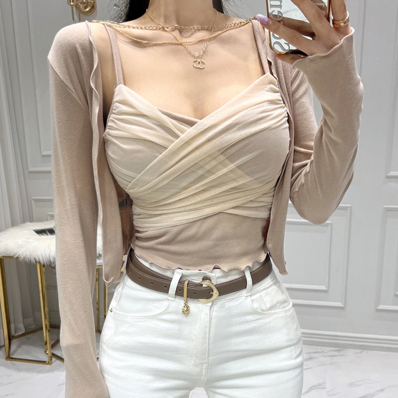 Korean Dongdaemun Chic Tight Cami Cardigan Set Beige  - Image 4