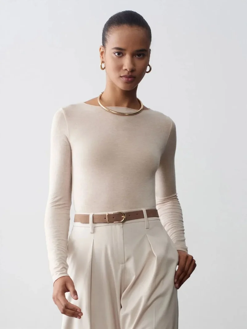 ديلفين DILVIN Slim Fit Boat Neck Long Sleeve Knit Blouse