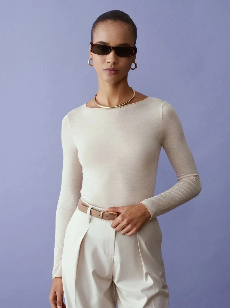 ديلفين DILVIN Slim Fit Boat Neck Long Sleeve Knit Blouse
