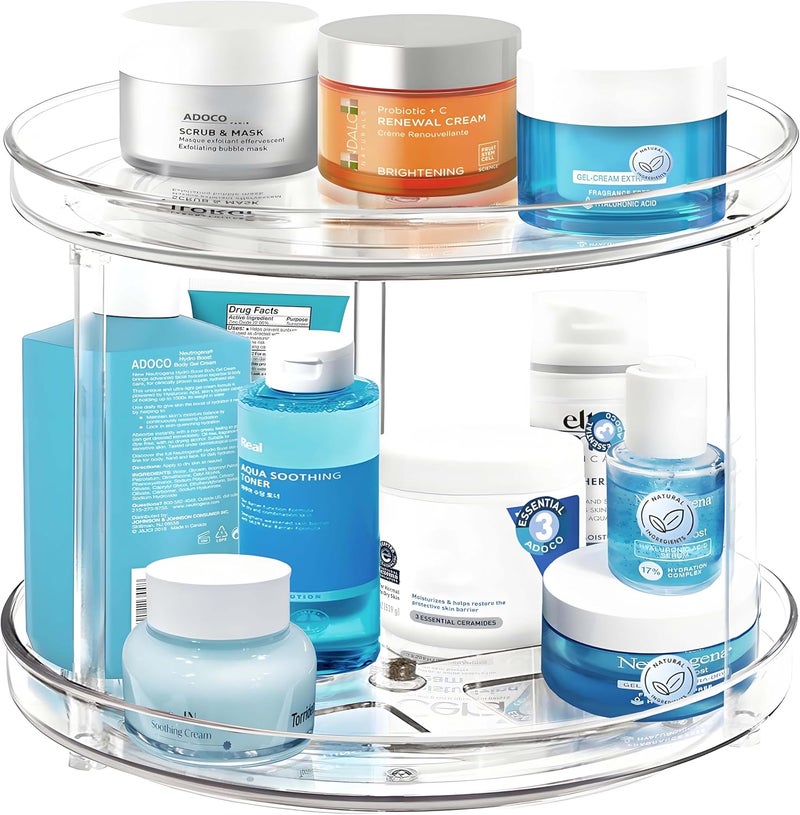 Adoco 2 Tier Lazy Susan Bathroom Organizer, 9.25Inch Clear 360 Rotating Makeup Organizer for Vanity, Skincare Organizers Perfume Organizer, Spice Rack Organizer for Cabinet- Home Organization and Storage - Image 1