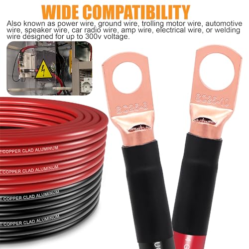 Fuzbaxy 4 Gauge Wire (25Feet Black+25Feet Red) Copper Clad Aluminum CCA - Primary Automotive Power Inverter Wire,20PCS Lugs Terminal Connectors,20PCS Heat Shrink Tubing for Car Audio - Image 4