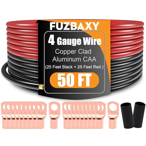 Fuzbaxy 4 Gauge Wire (25Feet Black+25Feet Red) Copper Clad Aluminum CCA - Primary Automotive Power Inverter Wire,20PCS Lugs Terminal Connectors,20PCS Heat Shrink Tubing for Car Audio - Image 1