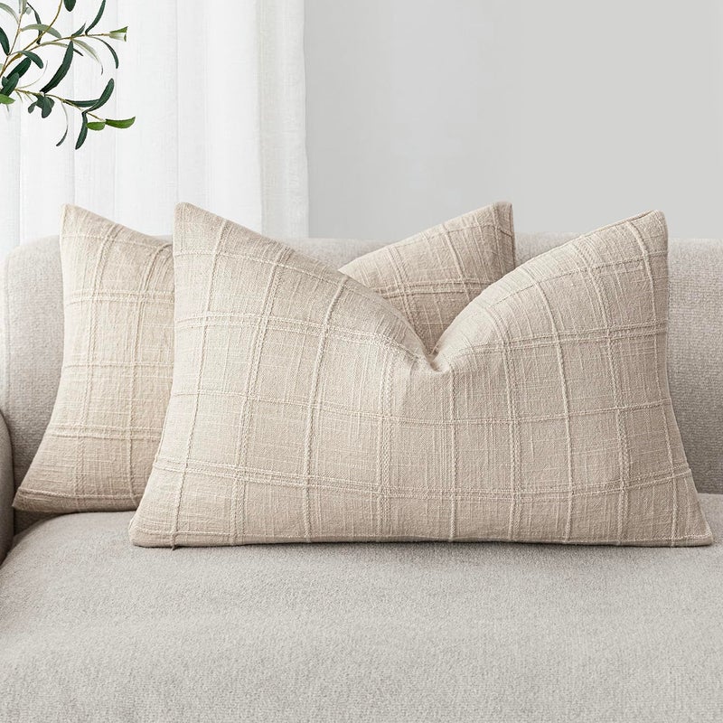 Foindtower Set of 2 Decorative Linen Check Throw Pillow Covers Neutral Farmhouse Lumbar Cushion Covers Modern Boho Home Decor for Sofa Chair Couch Bedroom Living Room,12Ã—24 Inch,Natural Beige - Image 1