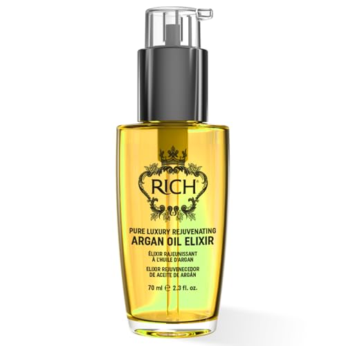 RICH RICH Pure Luxury Rejuvenating Hair Argan Oil Elixir for All Hair Types - Repair for Dry and Damaged Hair - Enriched with Argan Oil, Sweet Almond Oil, Omega 6 & 9 - Heat Protective - 2.3 Oz