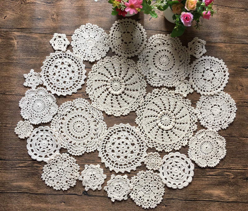 MINDPLUS Set of 24 Hand Crochet Doilies Cotton Crocheted Lace Doilies 2-7 Inches Round Beige Vintage (24pcs Beige) - Image 1