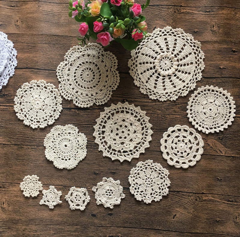 MINDPLUS Set of 24 Hand Crochet Doilies Cotton Crocheted Lace Doilies 2-7 Inches Round Beige Vintage (24pcs Beige) - Image 5