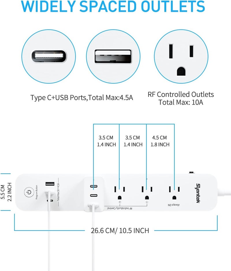 مقبس طاقة متعدد مع تحكم عن بعد مزود بـ 3 منافذ USB (2 من النوع A و1 من النوع C)، و3 مخارج تحكم لاسلكي RF، وسلك تمديد بطول 5 أقدام/1.5 متر، ومخرج تحكم عن بعد بقدرة 15 أمبير/1875 واط لـ - Image 3