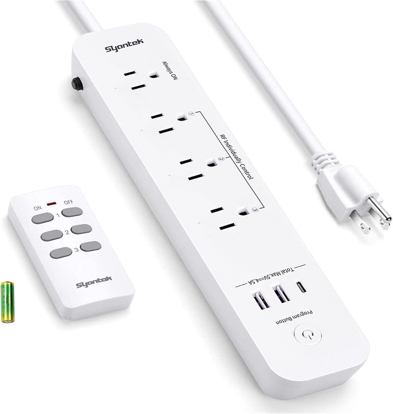 مقبس طاقة متعدد مع تحكم عن بعد مزود بـ 3 منافذ USB (2 من النوع A و1 من النوع C)، و3 مخارج تحكم لاسلكي RF، وسلك تمديد بطول 5 أقدام/1.5 متر، ومخرج تحكم عن بعد بقدرة 15 أمبير/1875 واط لـ - Image 1