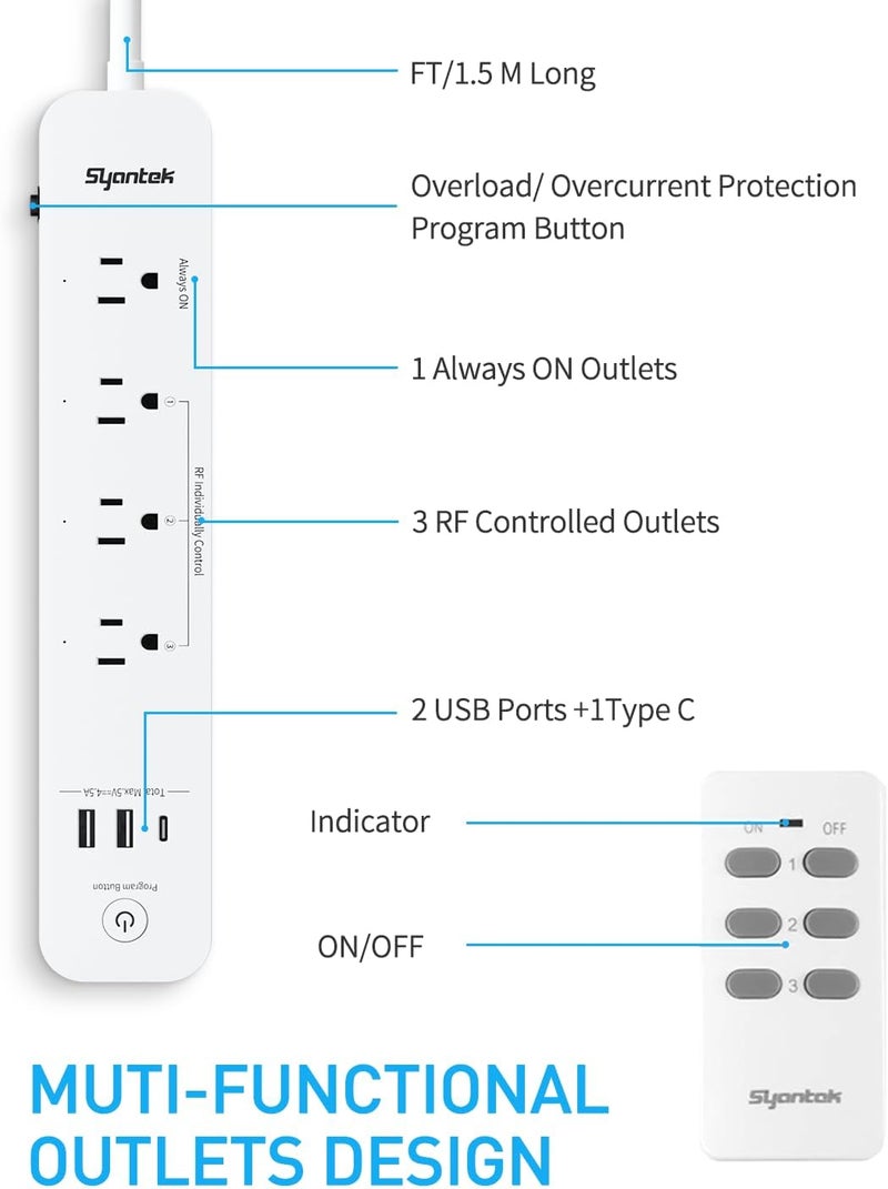 مقبس طاقة متعدد مع تحكم عن بعد مزود بـ 3 منافذ USB (2 من النوع A و1 من النوع C)، و3 مخارج تحكم لاسلكي RF، وسلك تمديد بطول 5 أقدام/1.5 متر، ومخرج تحكم عن بعد بقدرة 15 أمبير/1875 واط لـ - Image 2