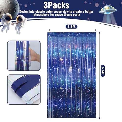 Vagilelf 3 PCS Galaxy Foil Curtains Backdrop for Space Themed Party Decorations, 3.3 x 6.6 ft Blue Iridescent Tinsel Curtains, Foil Fringe for Photo Booth, Outer Space Birthday or Alien Party - Image 2