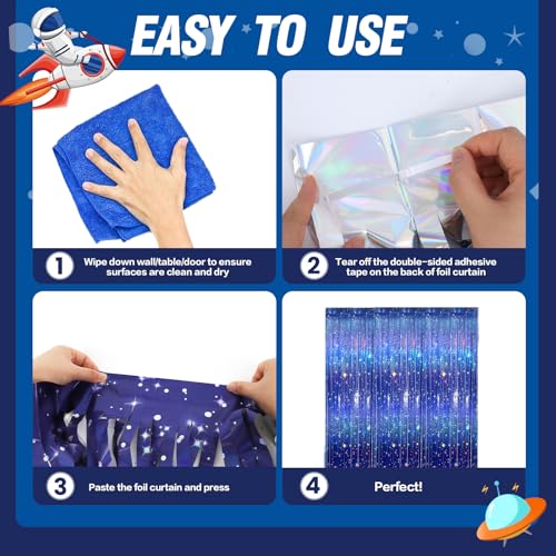 Vagilelf 3 PCS Galaxy Foil Curtains Backdrop for Space Themed Party Decorations, 3.3 x 6.6 ft Blue Iridescent Tinsel Curtains, Foil Fringe for Photo Booth, Outer Space Birthday or Alien Party - Image 5