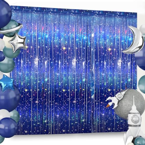 Vagilelf 3 PCS Galaxy Foil Curtains Backdrop for Space Themed Party Decorations, 3.3 x 6.6 ft Blue Iridescent Tinsel Curtains, Foil Fringe for Photo Booth, Outer Space Birthday or Alien Party - Image 1