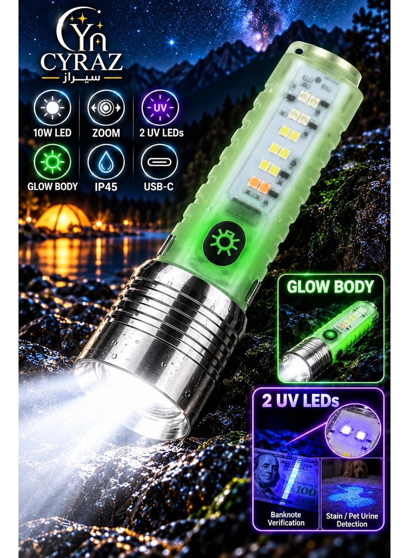 Cyraz Flashlight Super Bright Torch Light Small Waterproof & Shockproof, Led Light Torch High Power With 8 Modes & COB Side, Torch Flashlight With Rechargeable Battery & USB-C Charging Port, Flashlight Small, Uv Flashlight, Black Light, Mini Torch Flashlight, Hand Torch Zoom Light, Electric Lite Torch, Led Flashlight Searchlight Strong Light, High Lumens Long Range Tactical Flashlight For Camping Hiking Emergency, Keychain Light, Pocket Torch, Edc Flashlight - Image 1