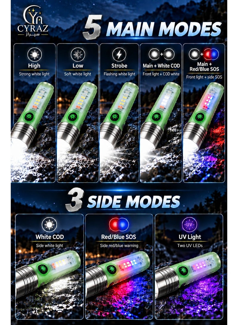 Cyraz Flashlight Super Bright Torch Light Small Waterproof & Shockproof, Led Light Torch High Power With 8 Modes & COB Side, Torch Flashlight With Rechargeable Battery & USB-C Charging Port, Flashlight Small, Uv Flashlight, Black Light, Mini Torch Flashlight, Hand Torch Zoom Light, Electric Lite Torch, Led Flashlight Searchlight Strong Light, High Lumens Long Range Tactical Flashlight For Camping Hiking Emergency, Keychain Light, Pocket Torch, Edc Flashlight - Image 2