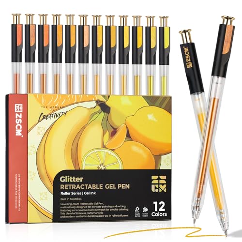 ZSCM Retractable Glitter Gel Pens, 12 Colors Large Capacity Yellow Glitter Metallic Gel Ink Pens, 1 mm Fine Point Smooth Writing Color Pens for Adult Coloring Book Note Taking Aesthetic Art Supplies - Image 1