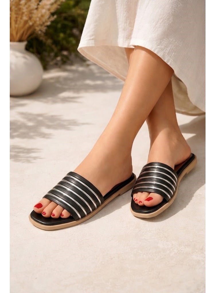Slipper Flat Leather With Gold Stripes SL-200 - Black