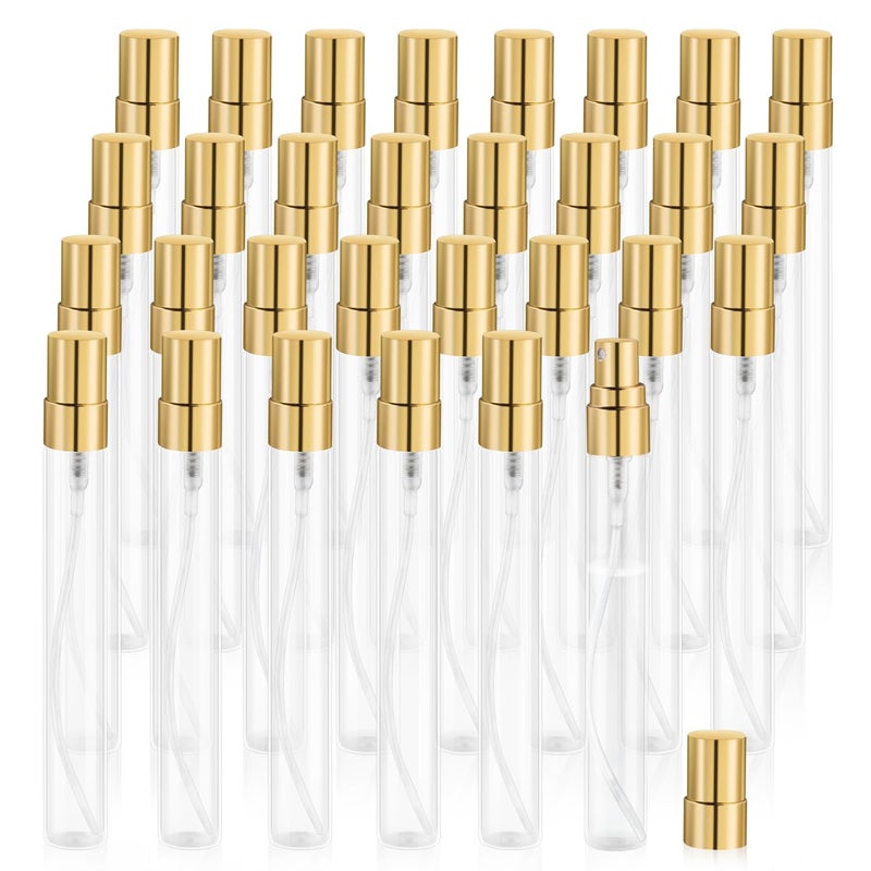 Mirrline 30 Pcs 10ml/0.34oz Mini Spray Bottle Glass Fine Mist Perfume Atomizer Empty Sample Containers with Golden Lids for Travel Cleaning Essential Oils - Image 1
