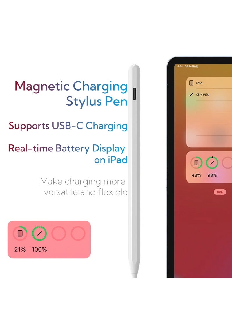 Magnetic Stylus Pen for iPad – Magnetic Charging, Real-Time Battery Display, Type-C Fast Charging, Palm Rejection, Long Battery Life, and Auto Sleep Function