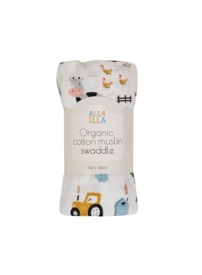 All4Ella Organic Cotton Muslin Swaddle - Barnyard - Image 1