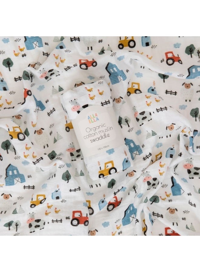 All4Ella Organic Cotton Muslin Swaddle - Barnyard - Image 2