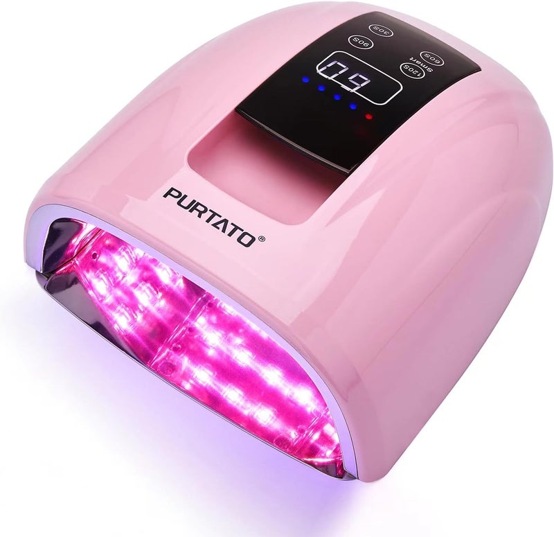 Purtato Professional Salon Rechargeable 90W UV LED Cordless Nail Lamp45 lamp Beads Long Battery LifeRemovable Stainless Steel Bottom 4 Timer Setting and Smart Sensor Nail Dryer Pink
