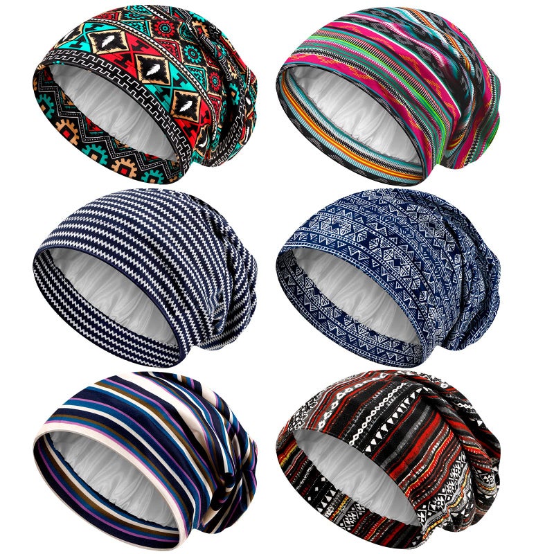 Sintege 6 Pcs Satin Lined Bonnet Sleep Chemo Hat Stretch Cancer Cap for Women Men Cancer Patient African Silk Soft BeanieRetro Patterns - Image 2